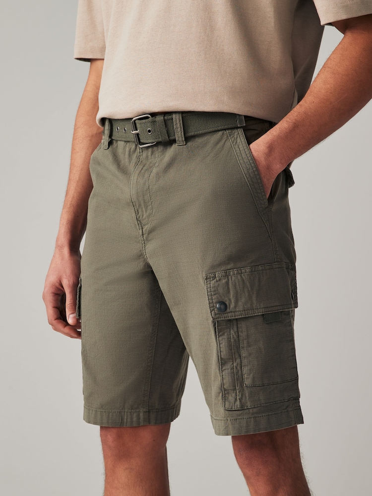 Khaki Green Belted Cargo Shorts - Image 1 of 10