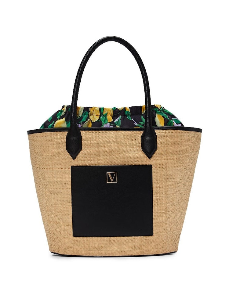 Victoria's Secret Lemon Black Straw Tote Bag - Image 1 of 3