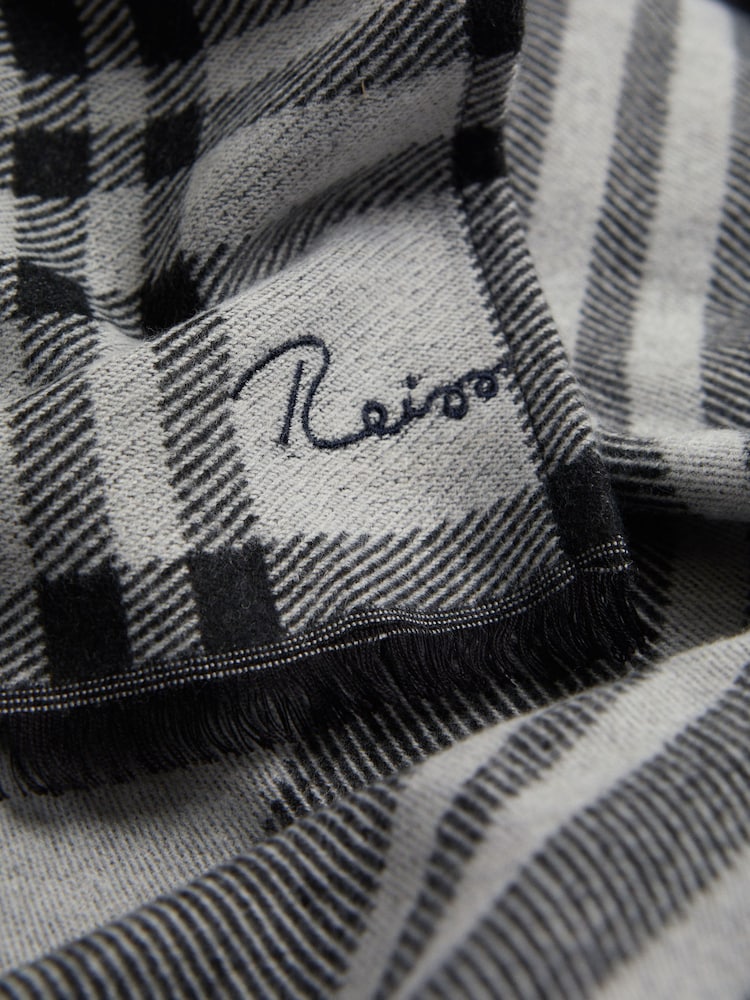 Reiss Black/White Clara Checked Embroidered Scarf - Image 4 of 4