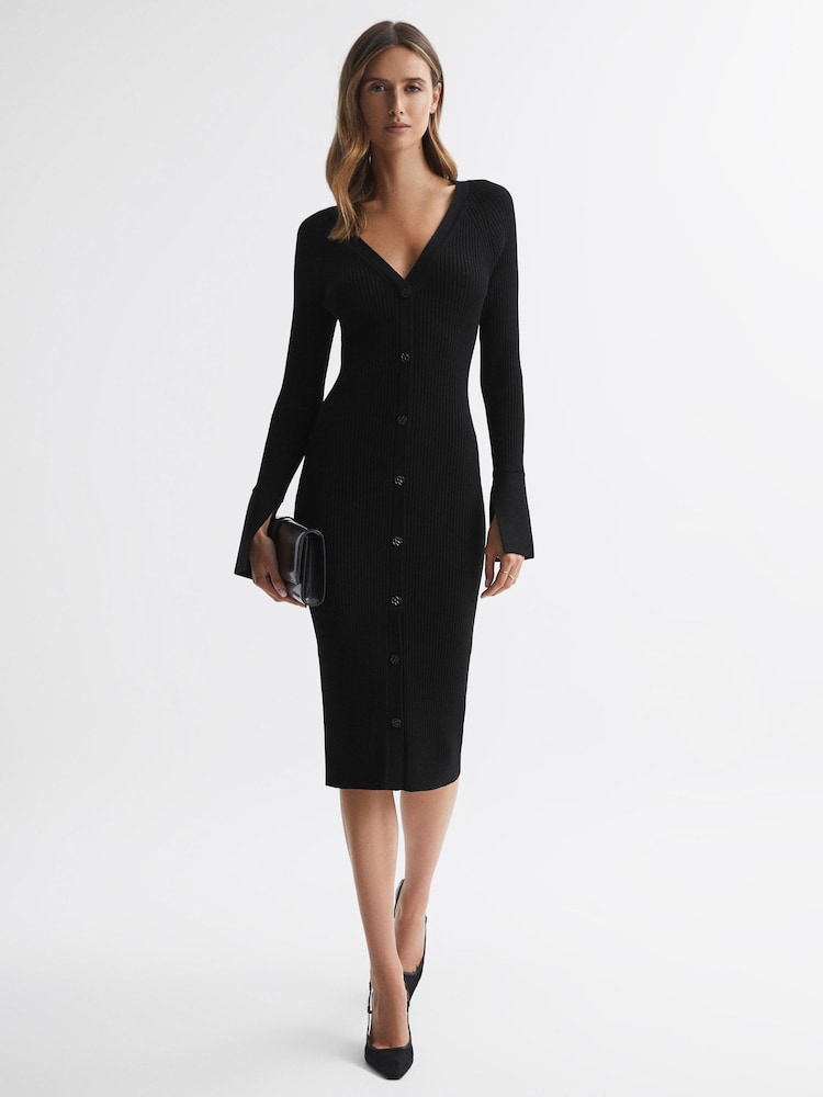 Reiss Black Avery Ribbed Knit Midi Dress - Image 1 of 5