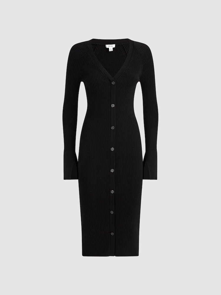 Reiss Black Avery Ribbed Knit Midi Dress - Image 2 of 5