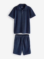 Navy Blue Towelling Short Sleeve Shirt and Shorts Set (3-16yrs) - Image 1 of 3