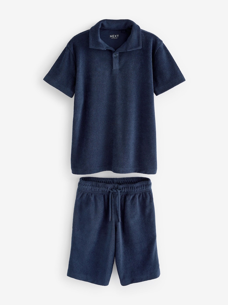Navy Blue Towelling Short Sleeve Shirt and Shorts Set (3-16yrs) - Image 1 of 3