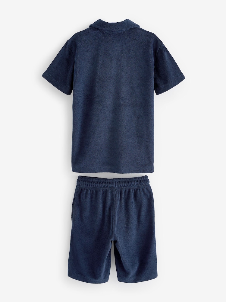 Navy Blue Towelling Short Sleeve Shirt and Shorts Set (3-16yrs) - Image 2 of 3