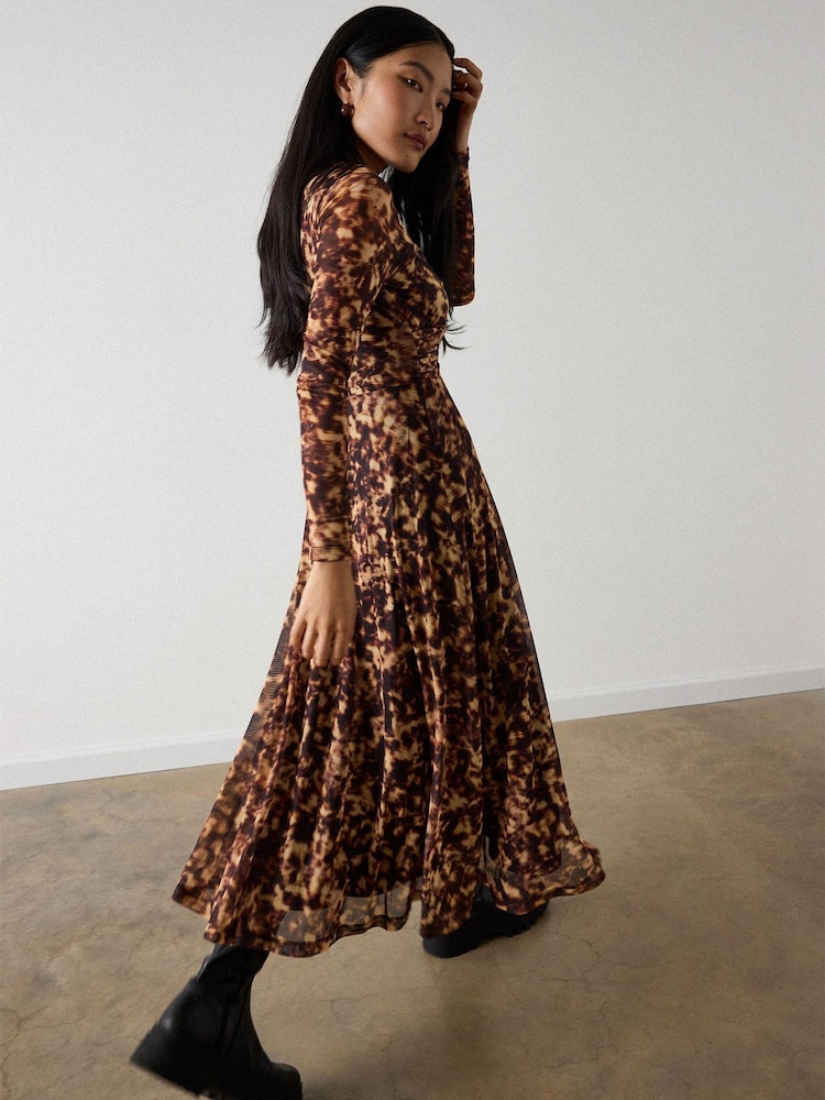 Whistles Brown Petite Abstract Animal Mesh Dress - Image 1 of 4