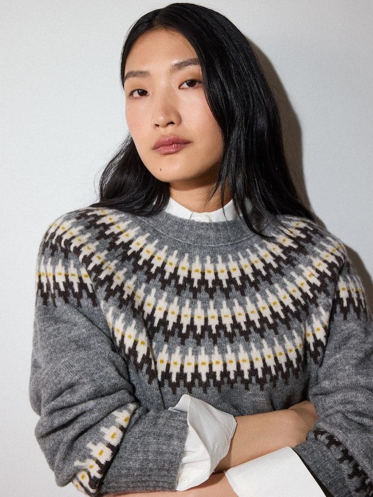 Whistles Grey Wool Mix Fairisle Detail Knit Jumper - Image 1 of 4 Whistles Grey Wool Mix Fairisle Detail Knit Jumper - Image 1 of 4