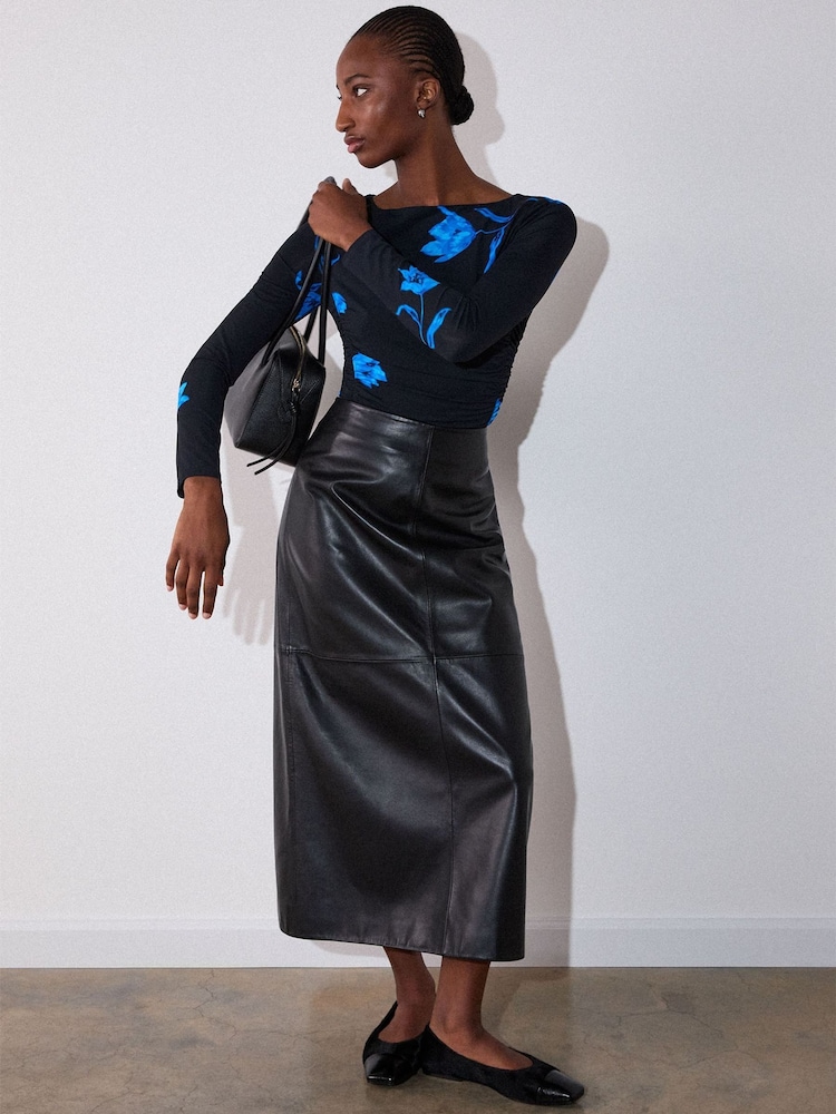 Whistles Black Floral Ruched Side Jersey Top - Image 1 of 4