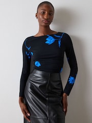 Whistles Black Floral Ruched Side Jersey Top - Image 2 of 4