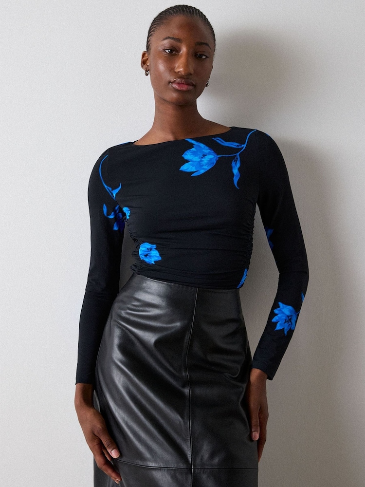 Whistles Black Floral Ruched Side Jersey Top - Image 2 of 4