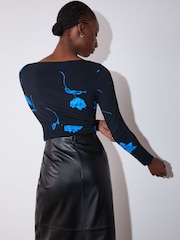 Whistles Black Floral Ruched Side Jersey Top - Image 4 of 4
