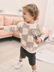 Stone Oversized Check All-Over Print 100% Cotton Sweatshirt and Shorts Set (3mths-7yrs) - Image 1 of 5