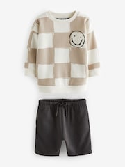 Stone Oversized Check All-Over Print 100% Cotton Sweatshirt and Shorts Set (3mths-7yrs) - Image 3 of 5