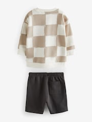 Stone Oversized Check All-Over Print 100% Cotton Sweatshirt and Shorts Set (3mths-7yrs) - Image 4 of 5