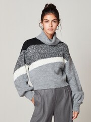 Grey Cropped Roll Neck Long Sleeve Colourblock Stripe Jumper - Image 1 of 6