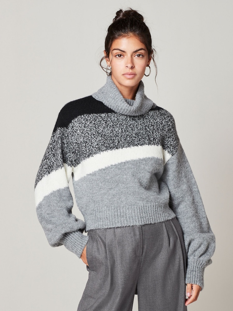 Grey Cropped Roll Neck Long Sleeve Colourblock Stripe Jumper - Image 1 of 6
