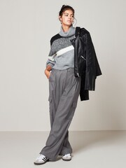 Grey Cropped Roll Neck Long Sleeve Colourblock Stripe Jumper - Image 2 of 6