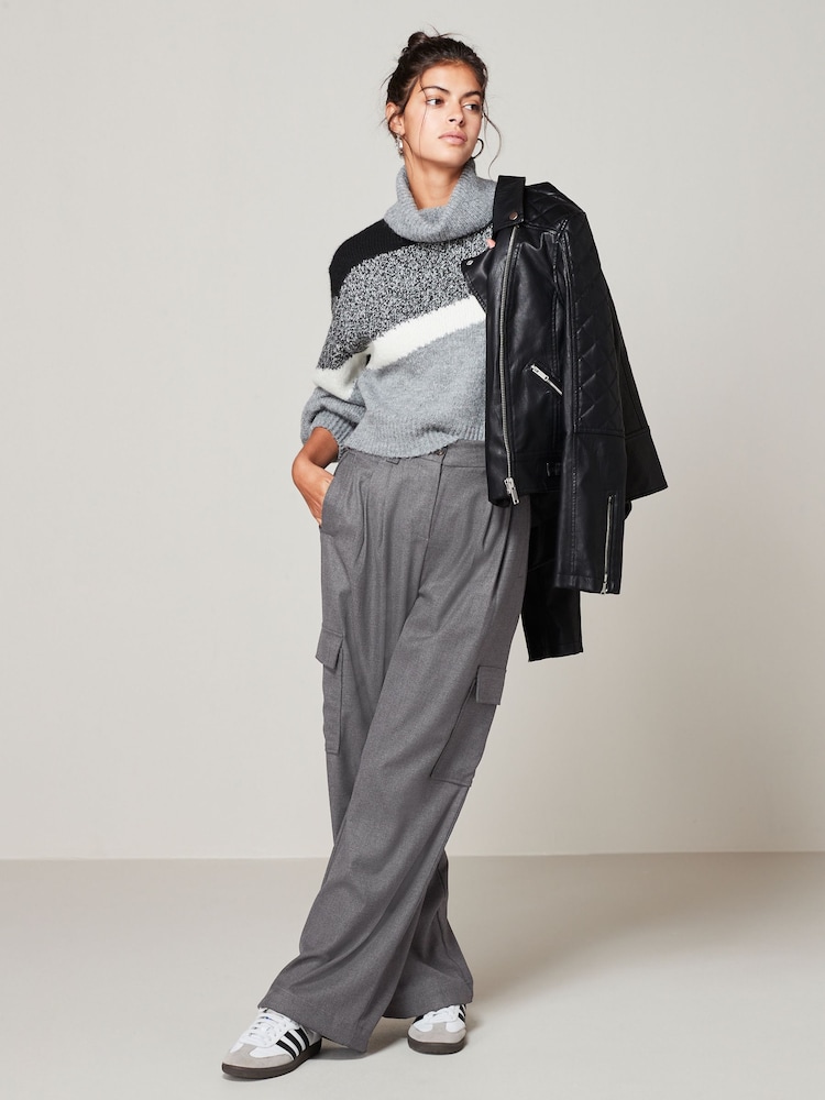 Grey Cropped Roll Neck Long Sleeve Colourblock Stripe Jumper - Image 2 of 6