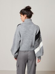 Grey Cropped Roll Neck Long Sleeve Colourblock Stripe Jumper - Image 3 of 6