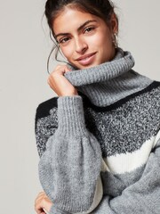 Grey Cropped Roll Neck Long Sleeve Colourblock Stripe Jumper - Image 4 of 6