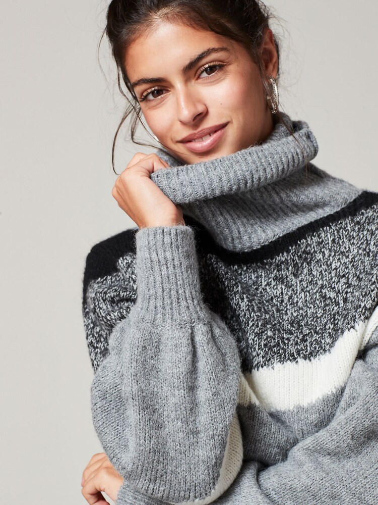 Grey Cropped Roll Neck Long Sleeve Colourblock Stripe Jumper - Image 4 of 6