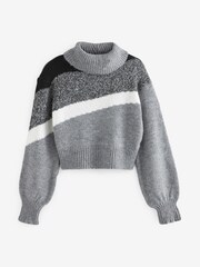 Grey Cropped Roll Neck Long Sleeve Colourblock Stripe Jumper - Image 5 of 6