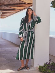 Green/White Stripe Premium Stripe Belted Kaftan Summer Dress - Image 1 of 7
