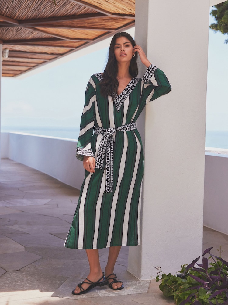 Green/White Stripe Premium Stripe Belted Kaftan Summer Dress - Image 1 of 7