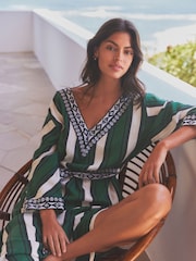 Green/White Stripe Premium Stripe Belted Kaftan Summer Dress - Image 2 of 7