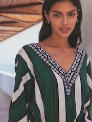 Green/White Stripe Premium Stripe Belted Kaftan Summer Dress - Image 5 of 7