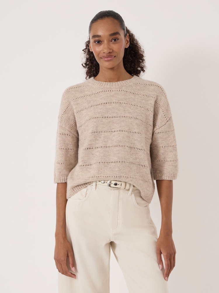 Hush Natural Arlette Gathered Sleeve Pointelle Stitch Wool Blend T-Shirt - Image 1 of 6 Hush Natural Arlette Gathered Sleeve Pointelle Stitch Wool Blend T-Shirt - Image 1 of 6