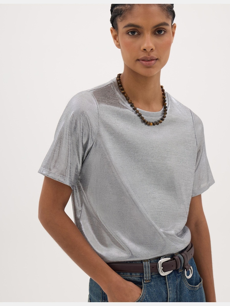 Hush Silver Reece Crew Neck Metallic Slub T-Shirt - Image 1 of 5