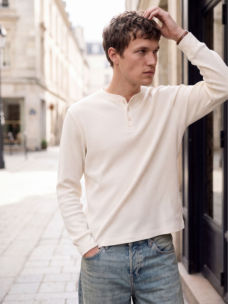 JACK & JONES Oversized Waffle Long Sleeve Henley T-Shirt - Imagem 1 de 9