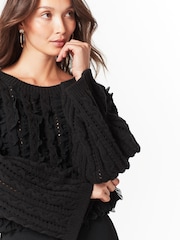 Schwarz - Langärmliger Pullover mit Rüschen und Zopfmuster - Bild 4 von 6