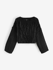 Schwarz - Langärmliger Pullover mit Rüschen und Zopfmuster - Bild 5 von 6