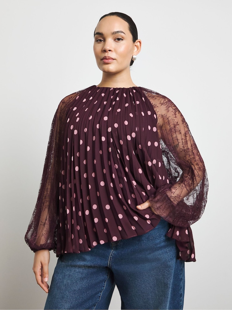 Joanna Hope Red Polka Dot Pleated Lace Sleeve Blouse - Image 1 of 4 Joanna Hope Red Polka Dot Pleated Lace Sleeve Blouse - Image 1 of 4