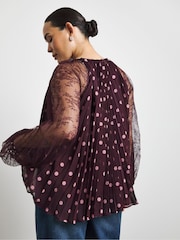Joanna Hope Red Polka Dot Pleated Lace Sleeve Blouse - Image 2 of 4