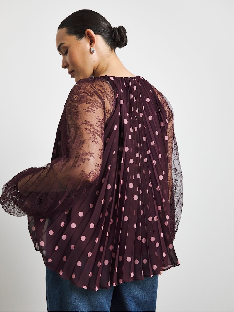 Joanna Hope Red Polka Dot Pleated Lace Sleeve Blouse - Image 2 of 4 Joanna Hope Red Polka Dot Pleated Lace Sleeve Blouse - Image 2 of 4