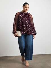 Joanna Hope Red Polka Dot Pleated Lace Sleeve Blouse - Image 3 of 4