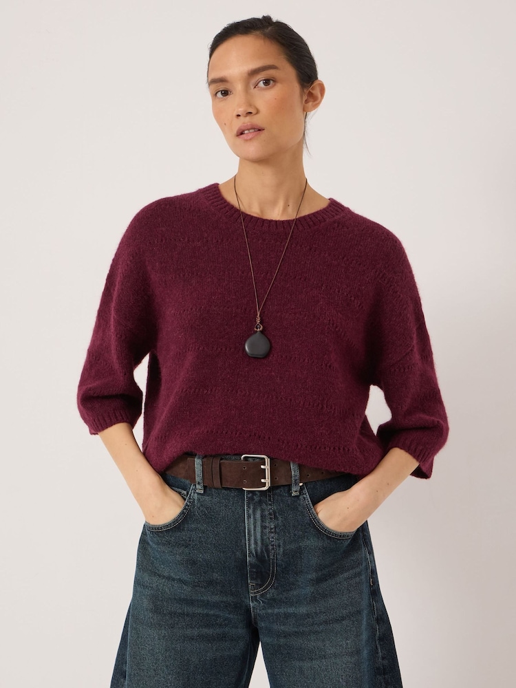 Hush Red Arlette Gathered Sleeve Pointelle Stitch Wool Blend T-Shirt - Image 1 of 5 Hush Red Arlette Gathered Sleeve Pointelle Stitch Wool Blend T-Shirt - Image 1 of 5
