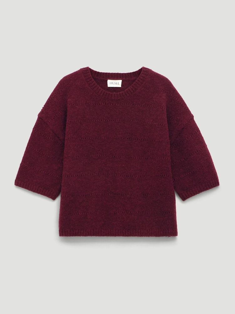 Hush Red Arlette Gathered Sleeve Pointelle Stitch Wool Blend T-Shirt - Image 5 of 5 Hush Red Arlette Gathered Sleeve Pointelle Stitch Wool Blend T-Shirt - Image 5 of 5