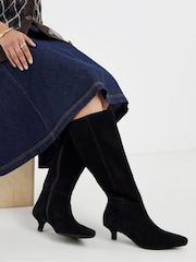 JD Williams Black Curvy Calf Leather Pointed Kitten Heel High Standard Fit Boots - Image 1 of 4