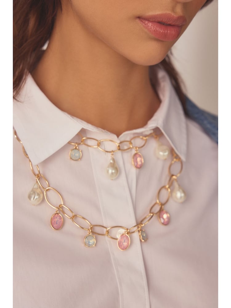 Gold Tone 2 Layer Open Link Pearl Necklace - Image 1 of 4