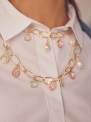 Gold Tone 2 Layer Open Link Pearl Necklace - Image 2 of 4