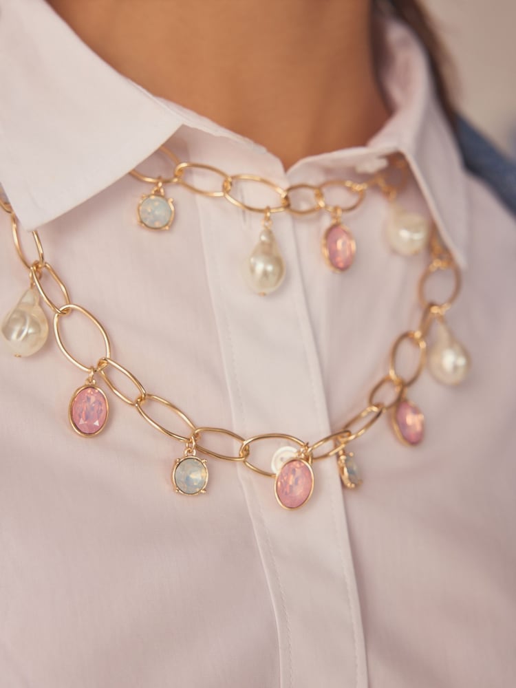 Gold Tone 2 Layer Open Link Pearl Necklace - Image 2 of 4