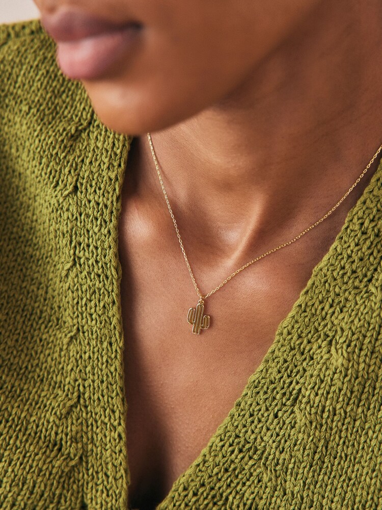 Gold Tone Cactus Necklace Made With Recycled Brass and Steel - Image 1 of 5