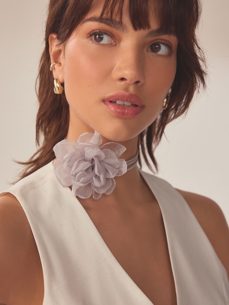 Light Grey Flower Corsage Wrap Choker Necklace - Image 1 of 5