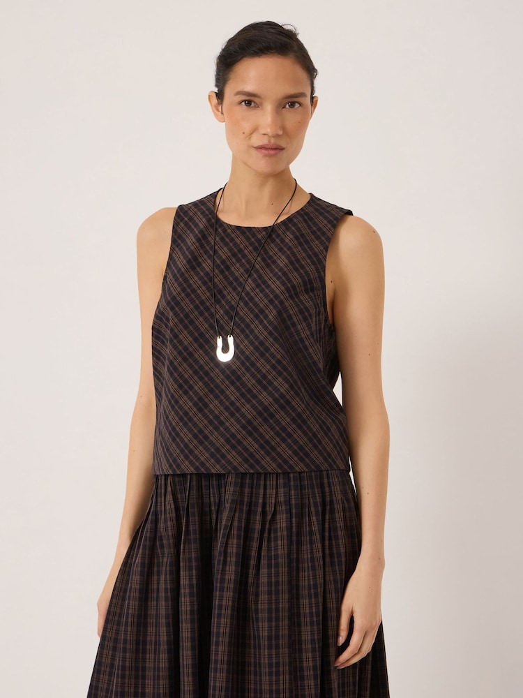 Hush Brown Vera Cotton Check Shell Top - Image 1 of 5 Hush Brown Vera Cotton Check Shell Top - Image 1 of 5