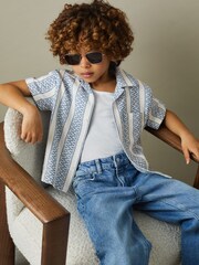 Reiss Blue/White Kesh 3-9 yrs Herringbone Cuban Collar Shirt - Image 1 of 5