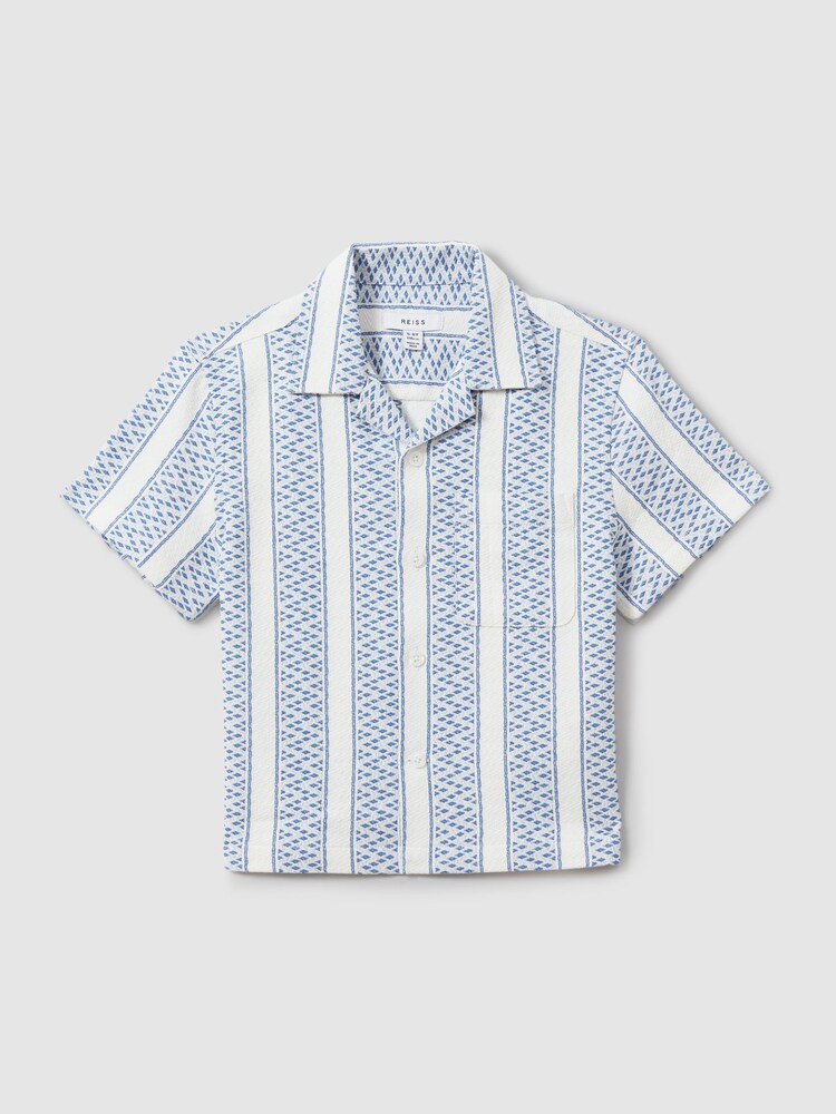 Reiss Blue/White Kesh 3-9 yrs Herringbone Cuban Collar Shirt - Image 2 of 5