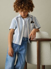 Reiss Blue/White Kesh 3-9 yrs Herringbone Cuban Collar Shirt - Image 3 of 5